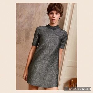 Sezane Gina Dress Knit Shimmer Metallic Silver Gray Mock Neck Button Shoulder